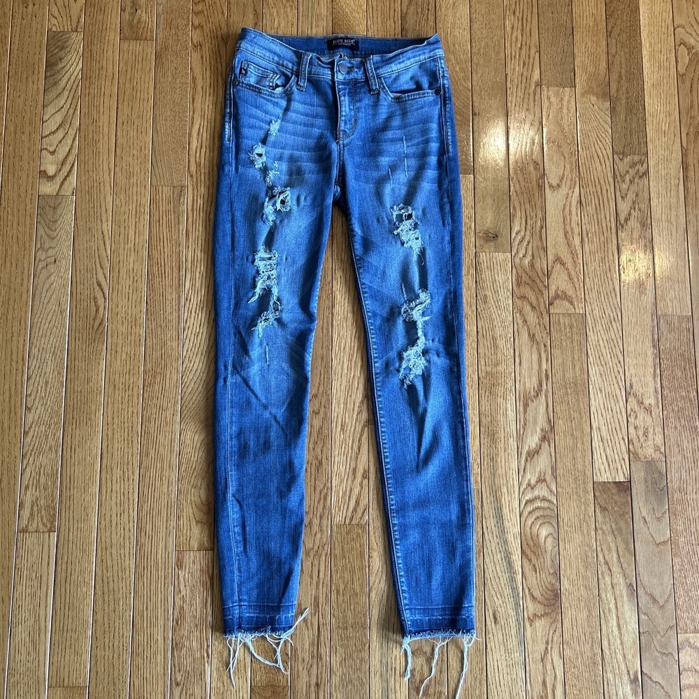Judy Blue Skinny Fit‎ Jeans Womens Size 7 / 28 Blue Distressed Frayed Hem